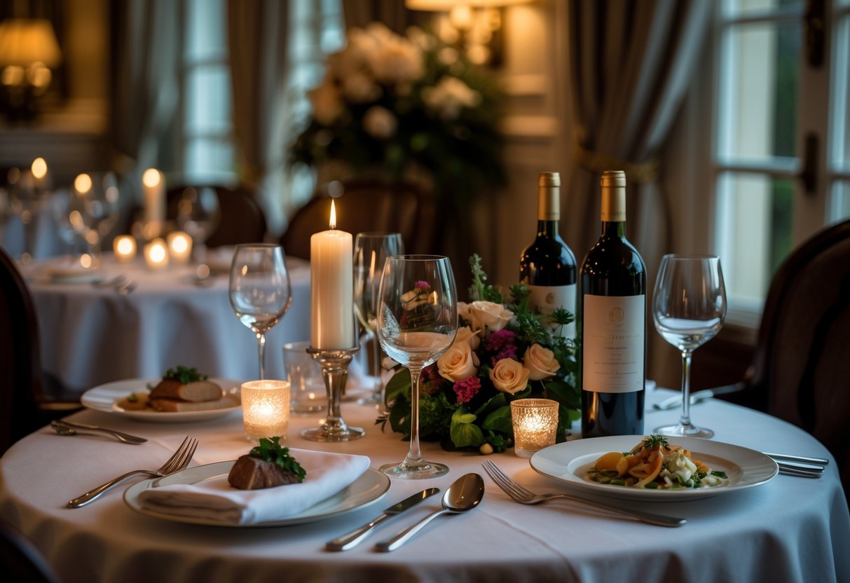 A romantic dinner table set for two with candles and flowers in an elegant hotel restaurant.