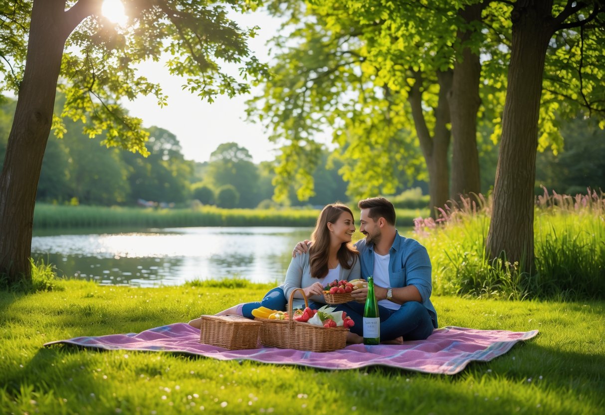 A couple enjoying a picnic on a blanket by a lake surrounded by trees and wildflowers at Kingsbury Water Park.
