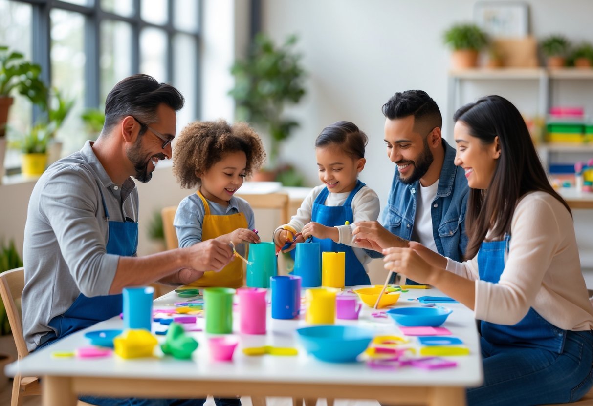 Parents and children participating together in a creative workshop, doing arts and crafts at tables indoors.