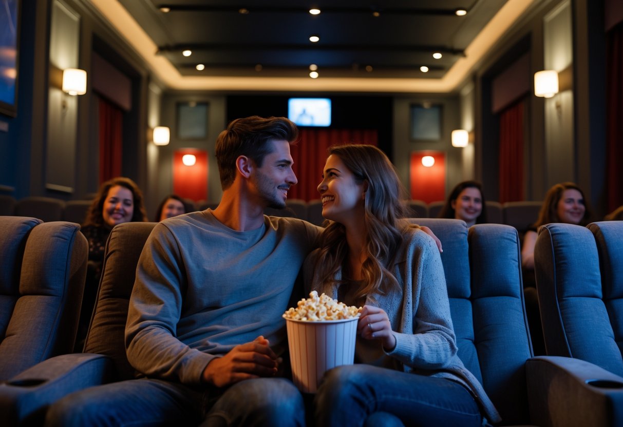 A young couple sitting together in a cozy cinema watching a movie, sharing popcorn in a warmly lit theater.