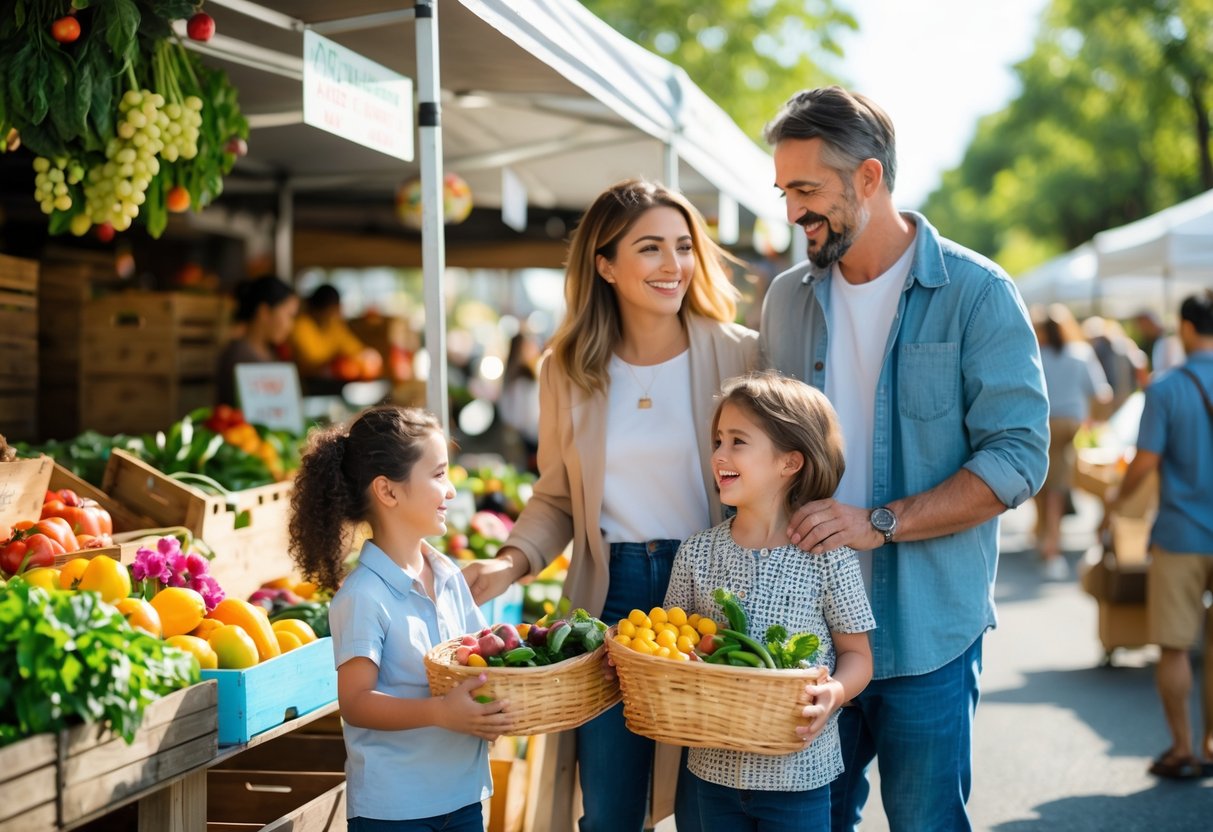 A family with two young children shopping for fresh fruits and vegetables at an outdoor farmers market.