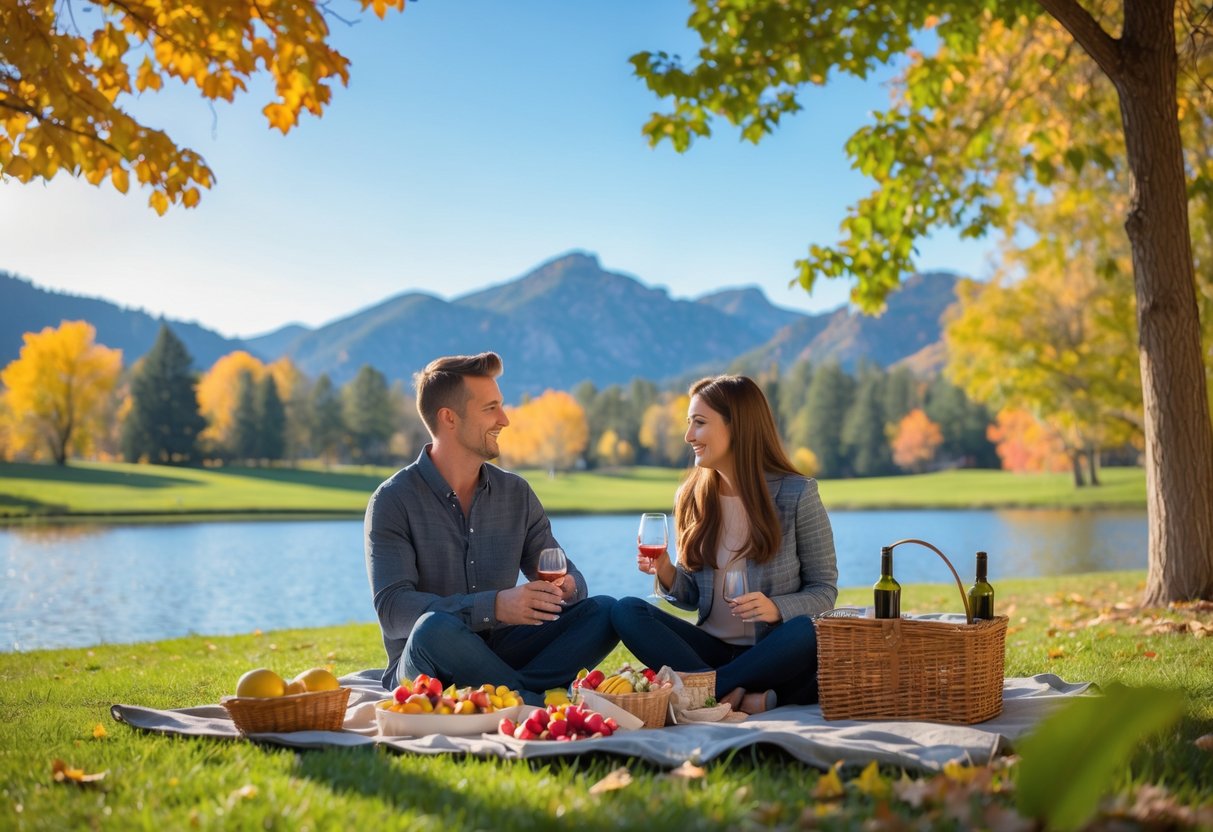 A young couple having a picnic in a park with mountains and colorful autumn trees in the background.