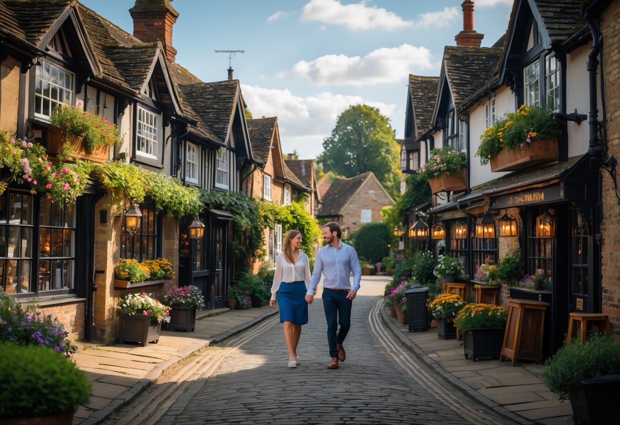 A couple walking hand-in-hand along a cobblestone street in a charming English village with timber-framed cottages and flower boxes.