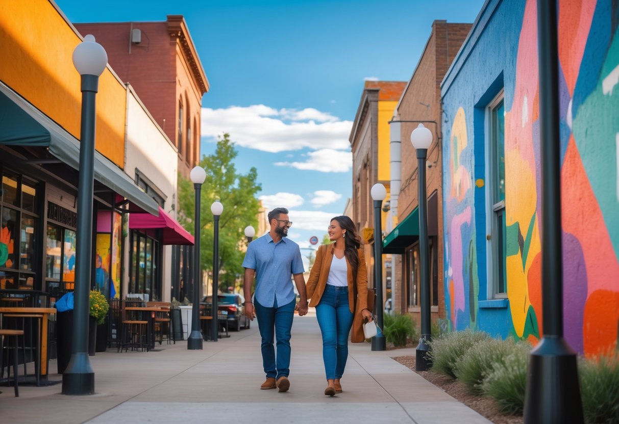 A young couple walking hand-in-hand along a downtown street with colorful murals on the building walls.