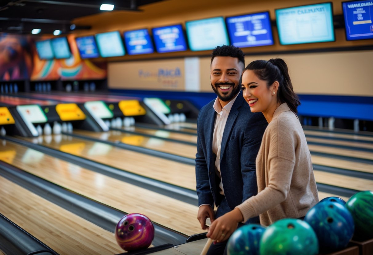 A couple enjoying bowling together at a brightly lit bowling alley with wooden lanes and colorful bowling balls.