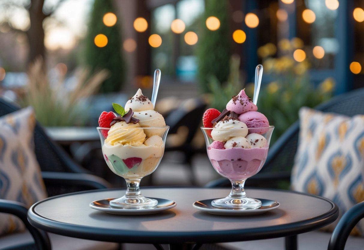 A small outdoor table with two cups of colorful gelato set for a romantic dessert at Romeos Gelato in Westminster, Colorado.