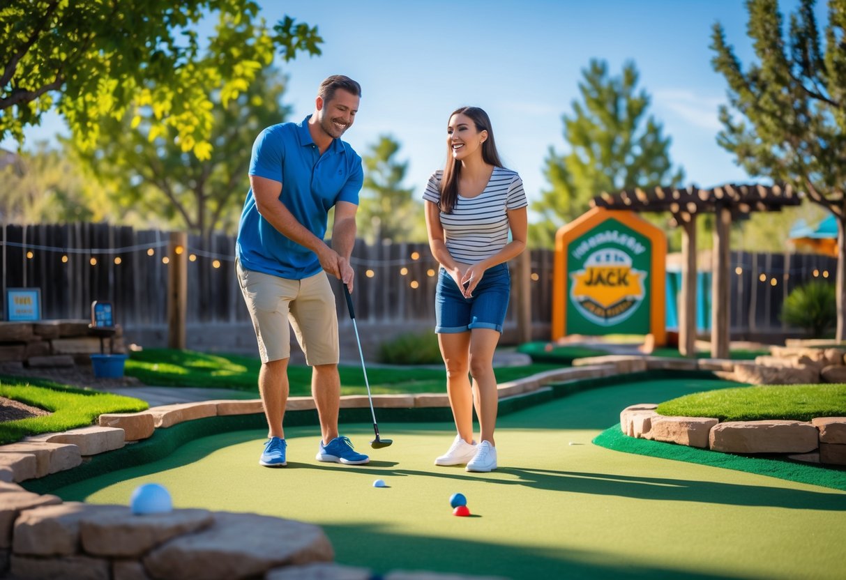 A couple playing mini golf together outdoors on a sunny day at a colorful mini golf course.