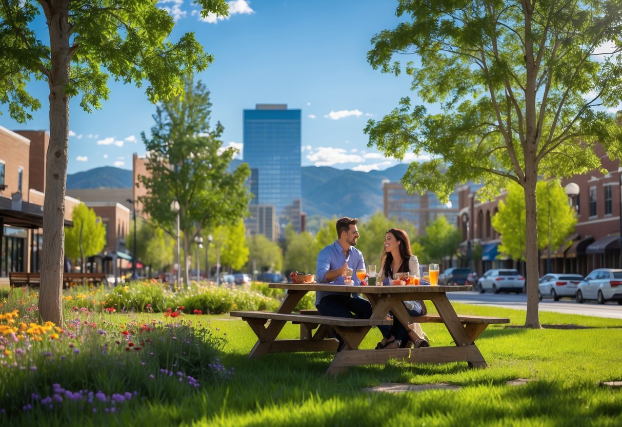 A young couple sitting at a picnic table outdoors in a park with trees and mountains in the background.