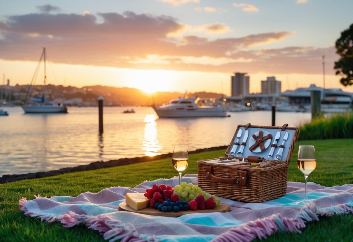 A picnic setup on a blanket near the water at sunset with a city skyline and boats in the background.