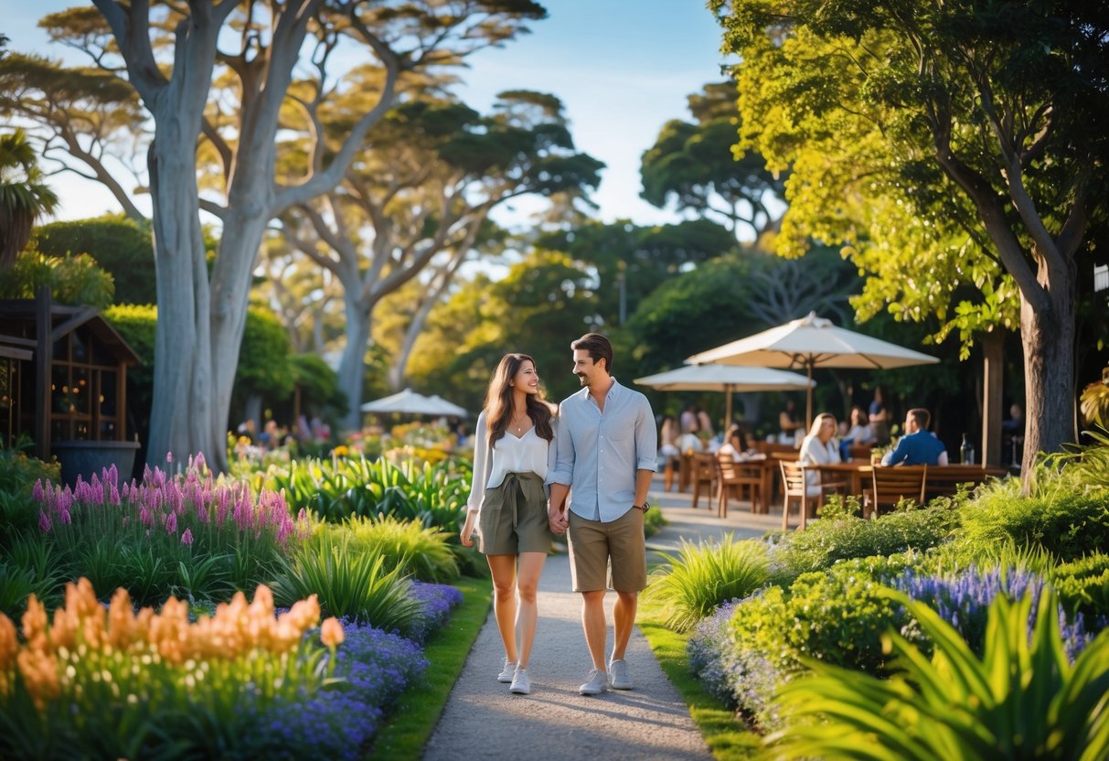 A young couple walking along a garden path surrounded by flowers and trees near an outdoor café in a botanical garden.