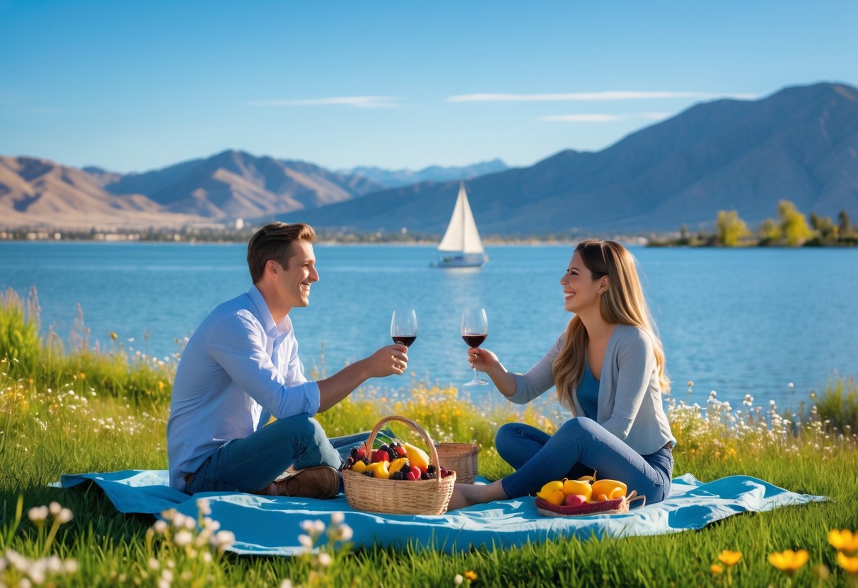 A young couple enjoying a picnic near the Great Salt Lake with mountains and city skyline in the background.