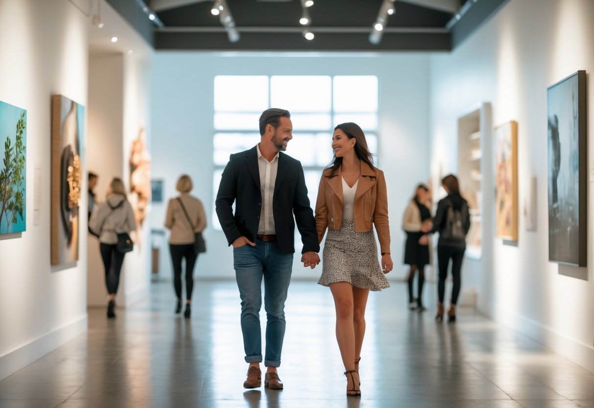 A couple walking hand in hand through a bright modern art gallery with paintings and sculptures on display.
