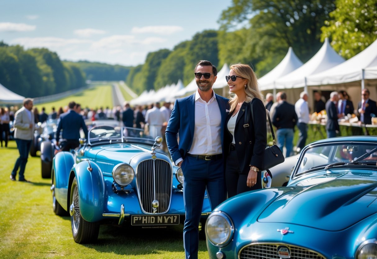 A couple enjoying a motorsport event outdoors near vintage race cars with green countryside in the background.