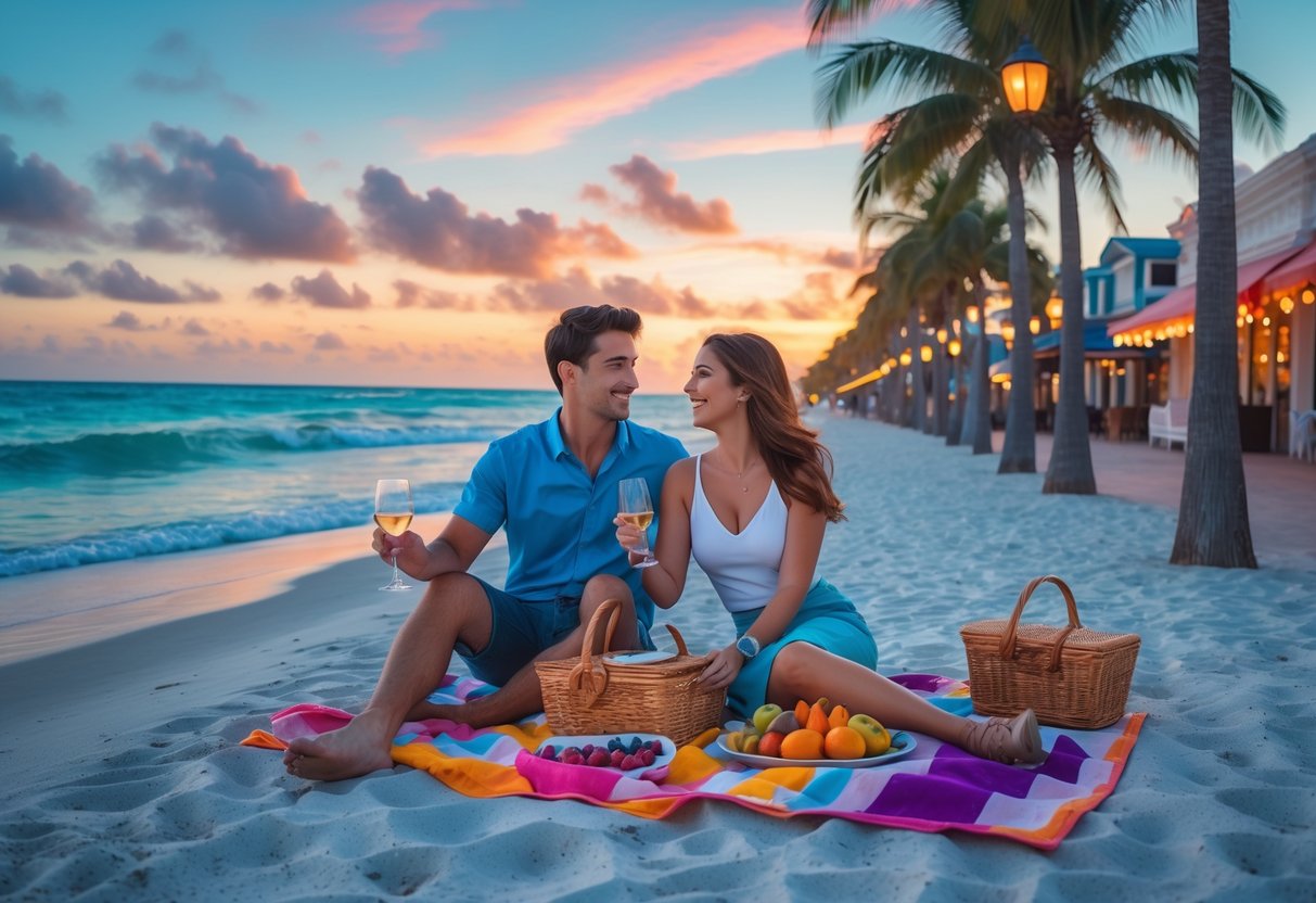 A couple enjoying a sunset picnic on a sandy beach with palm trees and ocean waves in West Palm Beach.