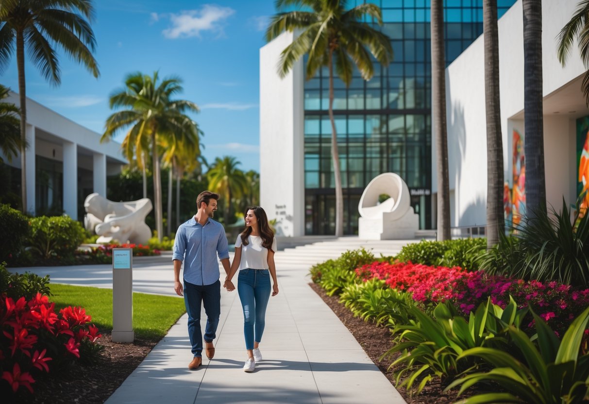 A young couple walking hand-in-hand along a garden path outside the Norton Museum of Art on a sunny day.