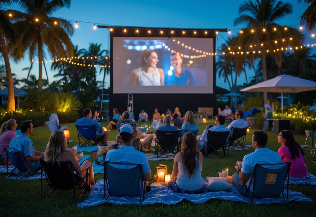 Couples and groups watching an outdoor movie at the South Florida Science Center in a tropical evening setting.