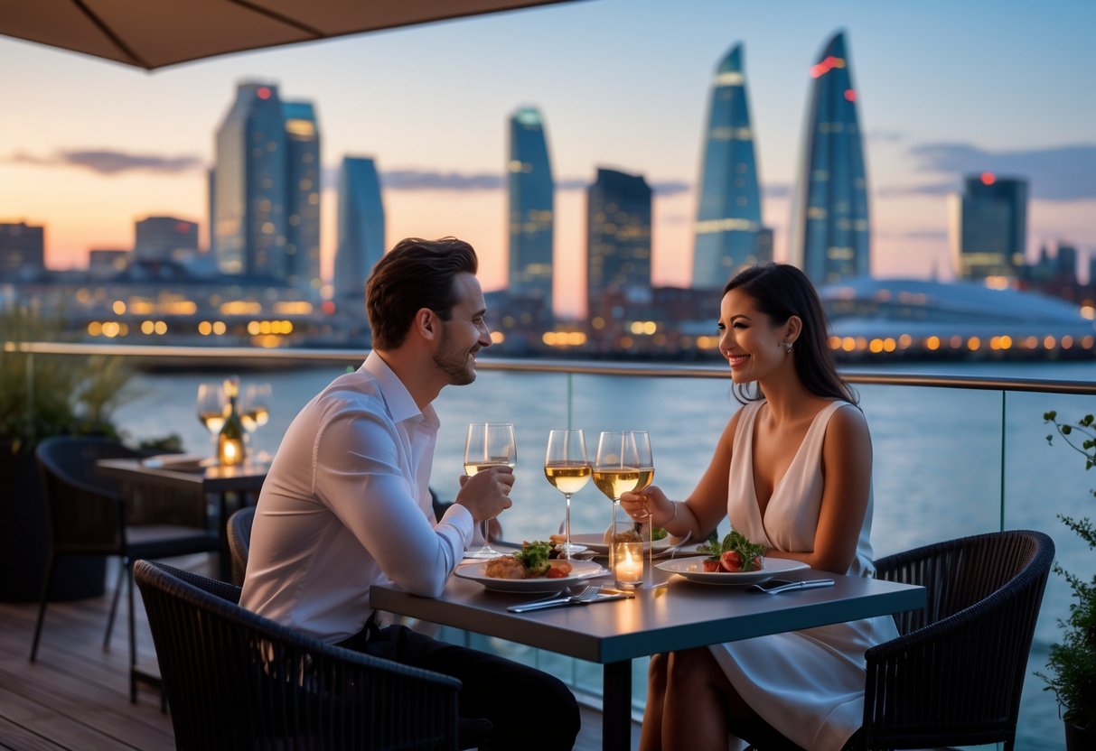 A couple enjoying a dinner at an outdoor terrace with a view of Canary Wharf skyscrapers at sunset.