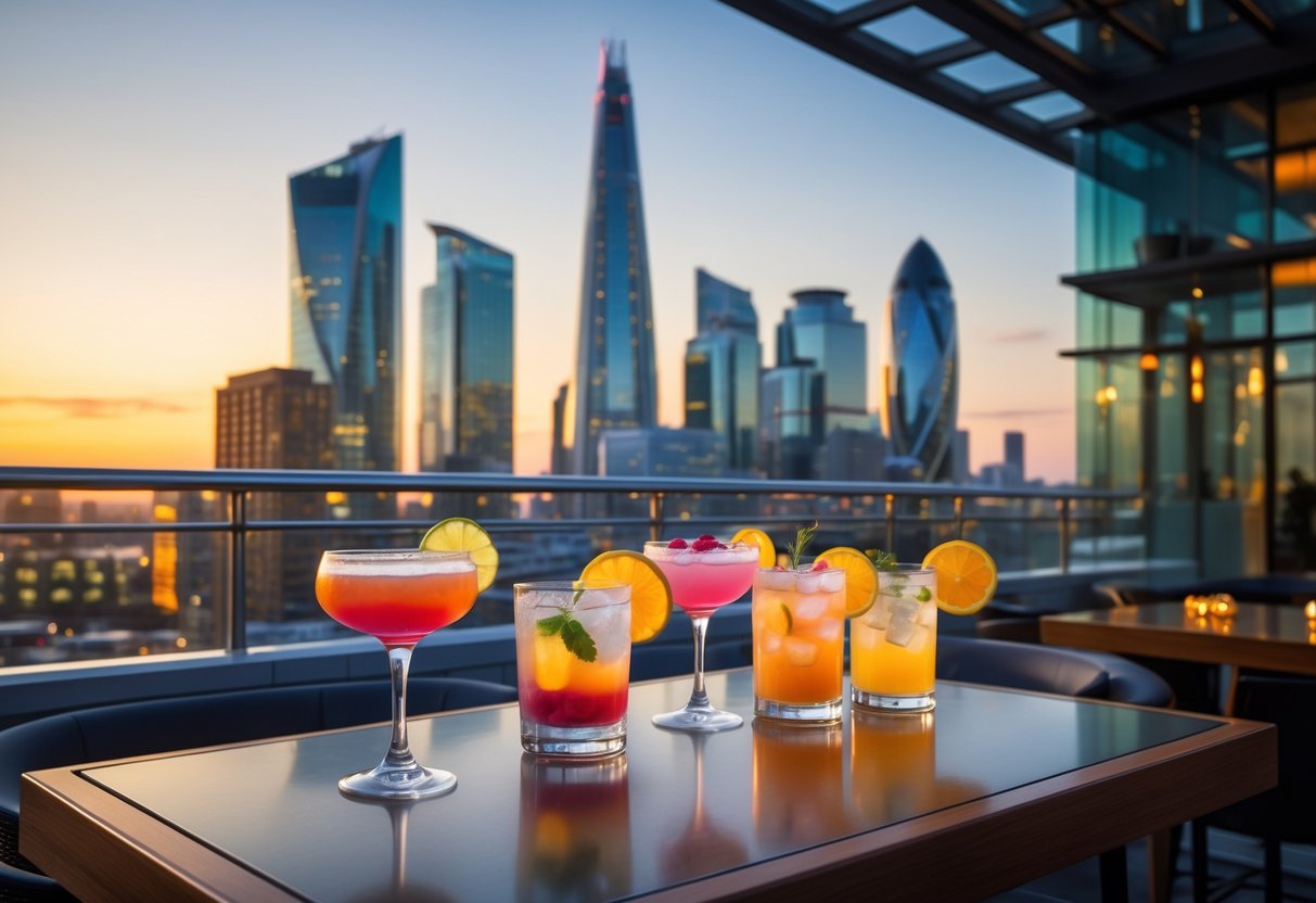 Cocktail glasses on a rooftop bar table with the Canary Wharf skyline visible in the background at sunset.