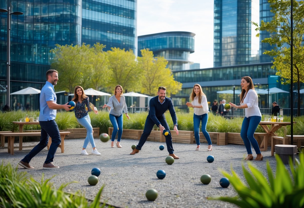 A group of friends playing pétanque outdoors at Cabot Square in Canary Wharf, surrounded by modern buildings and greenery on a sunny day.