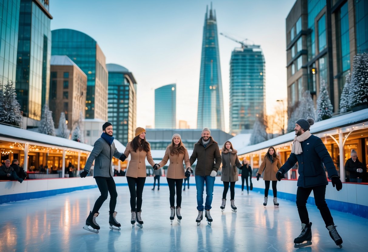 People ice skating and enjoying a winter day at the Canary Wharf Ice Rink surrounded by tall buildings.