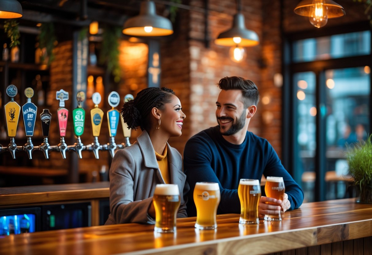A couple enjoying craft beers together at a cozy brewpub bar with warm lighting and modern decor.