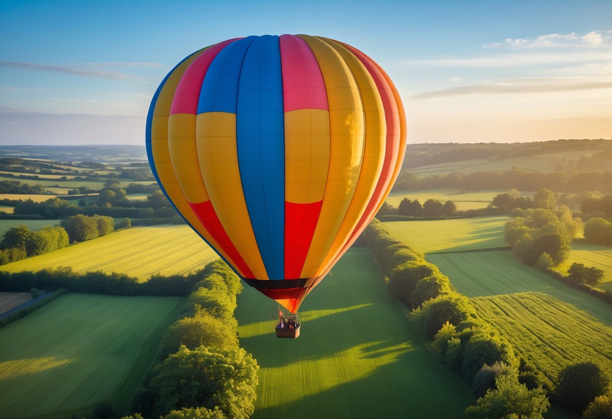 A couple enjoying a private hot air balloon ride over green fields and rolling hills under a clear sky.