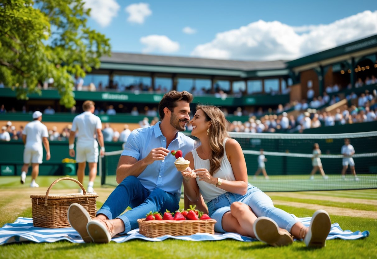 A couple enjoying a picnic near Wimbledon tennis courts with players and spectators in the background on a sunny day.