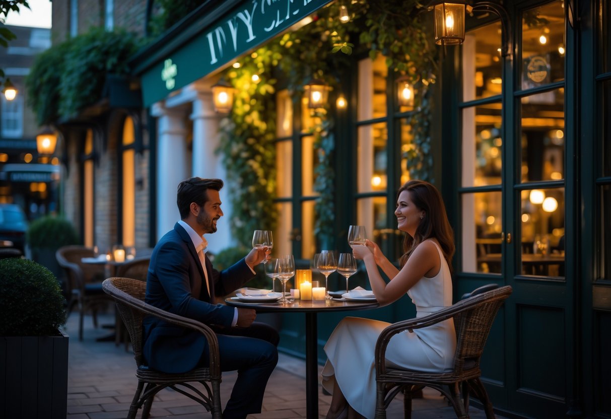 A couple enjoying a romantic dinner at an outdoor café table surrounded by greenery and warm lighting.