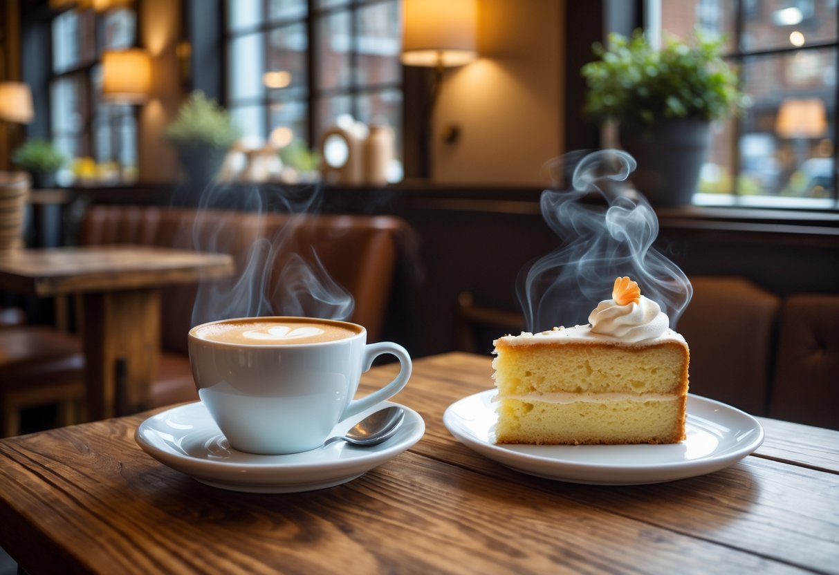A cup of coffee and a slice of cake on a wooden table inside a cozy café.