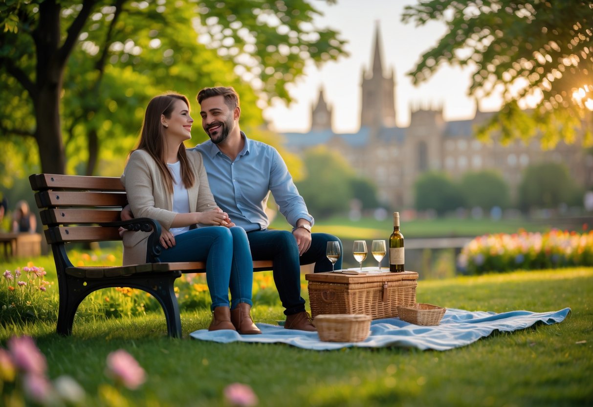A couple enjoying a picnic together on a bench in a green park with trees and flowers, smiling and talking during sunset.