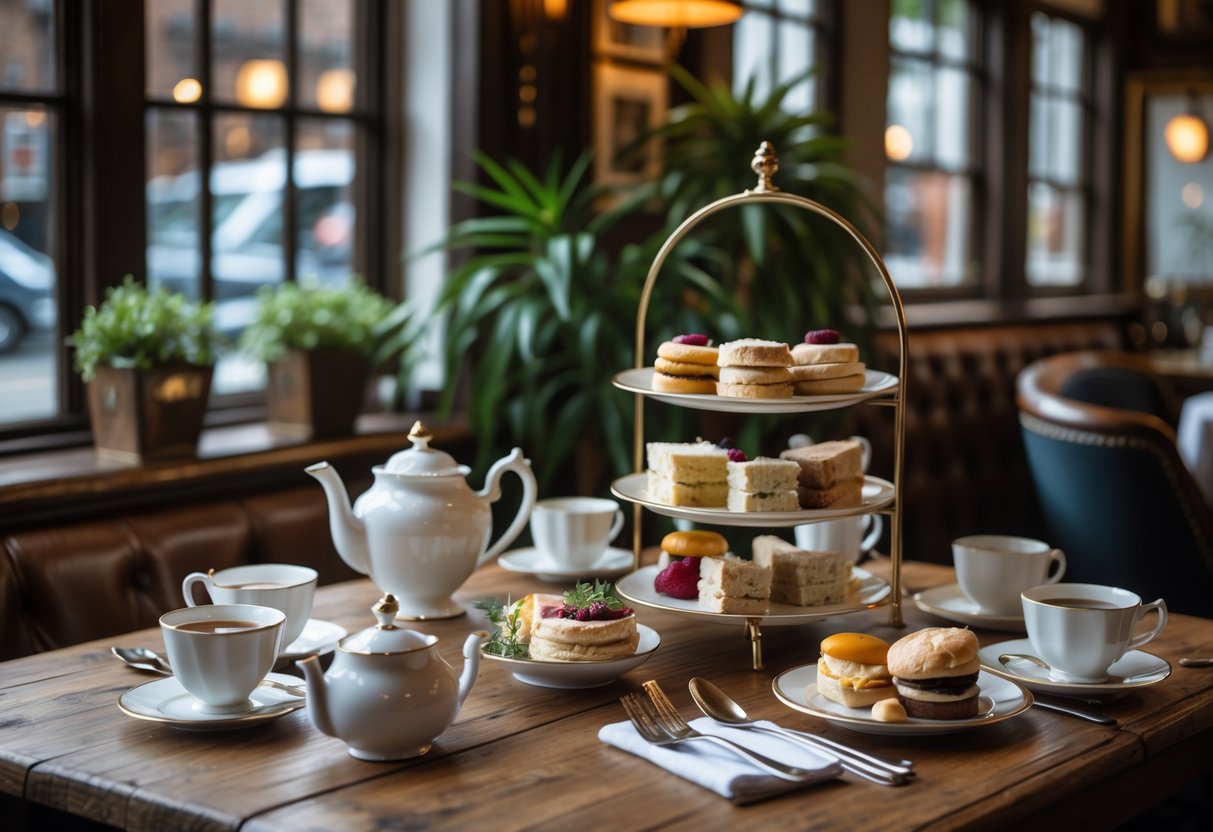 A table set with afternoon tea items including teacups, a teapot, finger sandwiches, scones, and pastries inside a cozy pub.