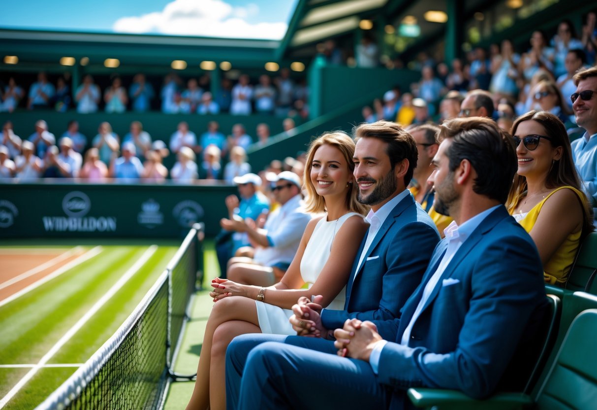 A couple watching a tennis match at Wimbledon, seated in the stands with players visible on the grass court.