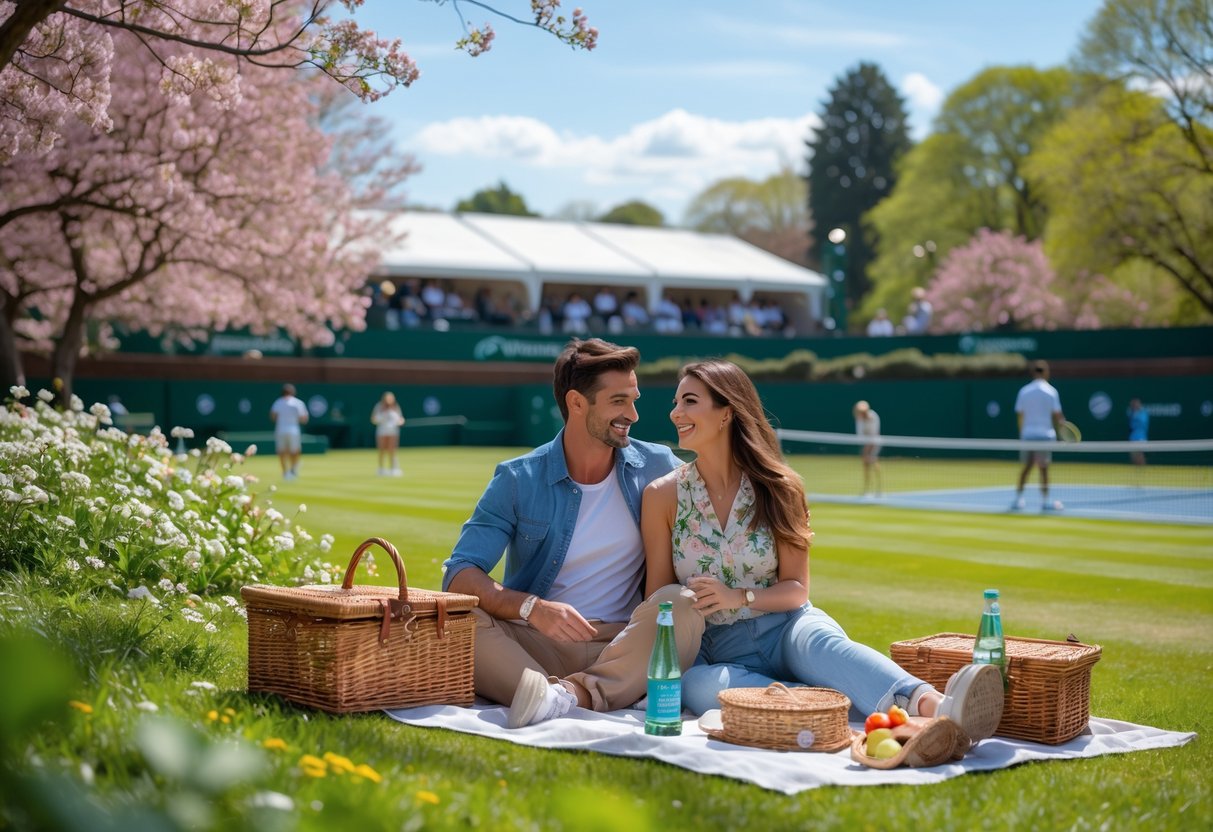 A young couple enjoying a picnic near Wimbledon tennis courts on a sunny day.