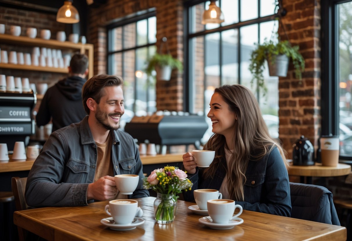 A couple enjoying coffee while a musician plays guitar on a small stage inside a cozy coffee shop.