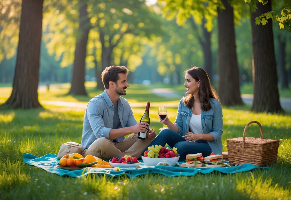A young couple having a picnic on a blanket in a green woodland park surrounded by tall trees and sunlight.