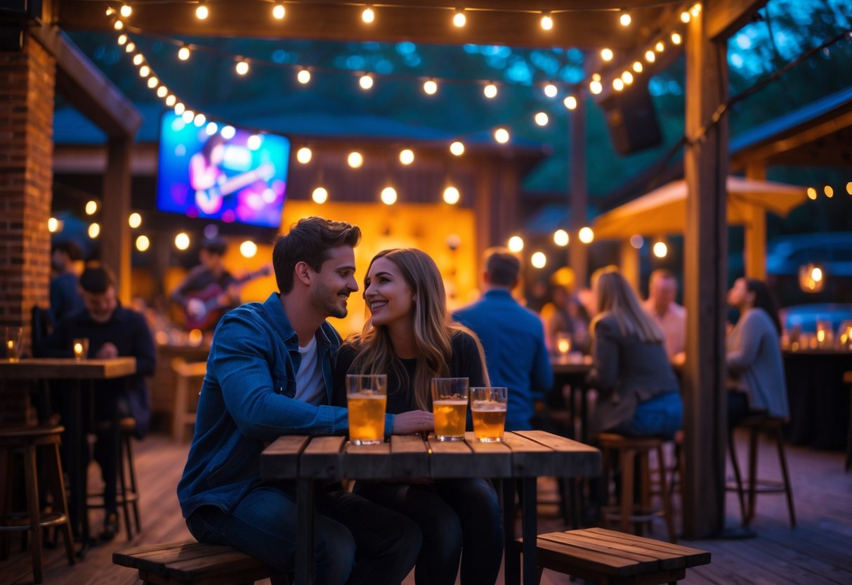 A young couple enjoying live music at a cozy local venue with a band playing on stage in the background.