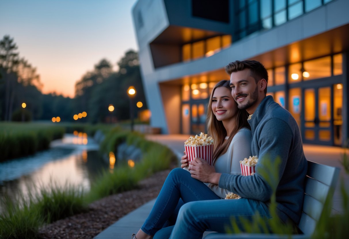 A young couple sitting outside a modern cinema near a waterway, smiling and holding popcorn and drinks on a date.