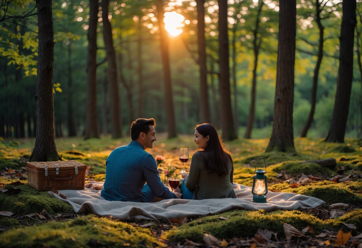 A couple enjoying a cozy picnic together in a sunlit forest surrounded by tall trees.