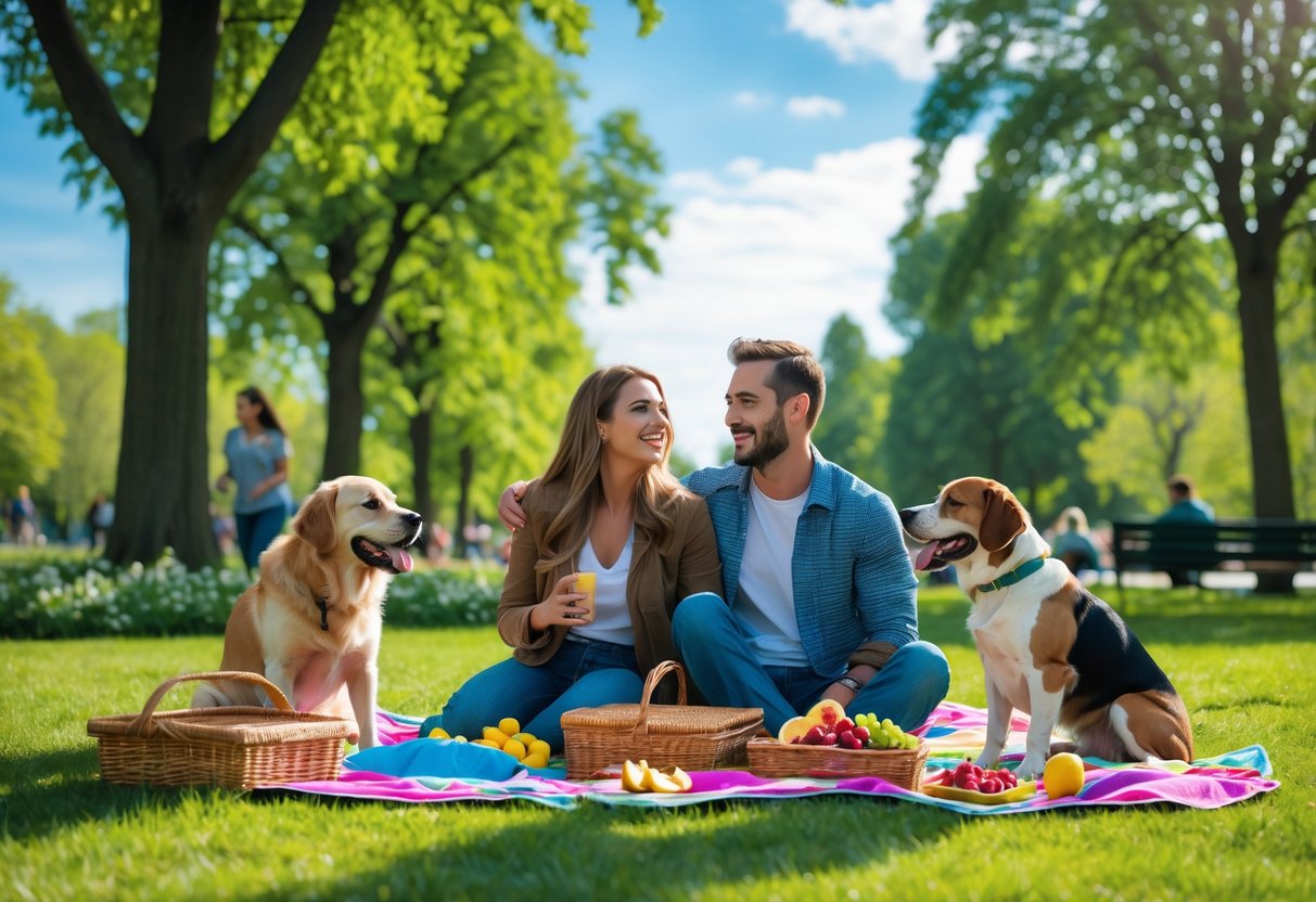 A couple having a picnic in a green park with two dogs playing nearby.