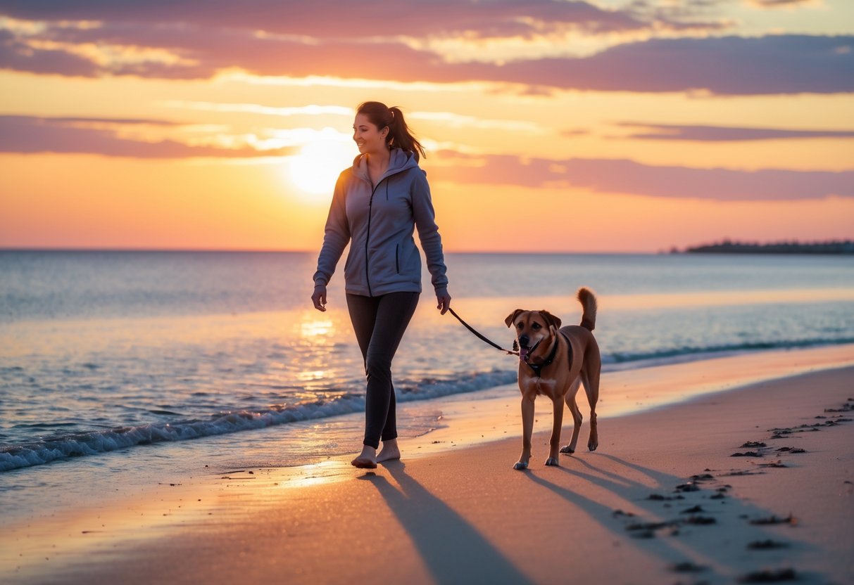 Person walking their dog along a beach at sunset with colorful sky and calm ocean.