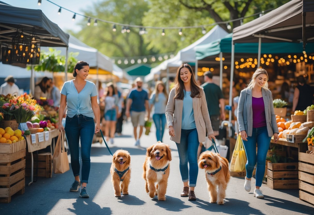 People walking with their dogs among colorful stalls at a busy outdoor farmer’s market on a sunny day.