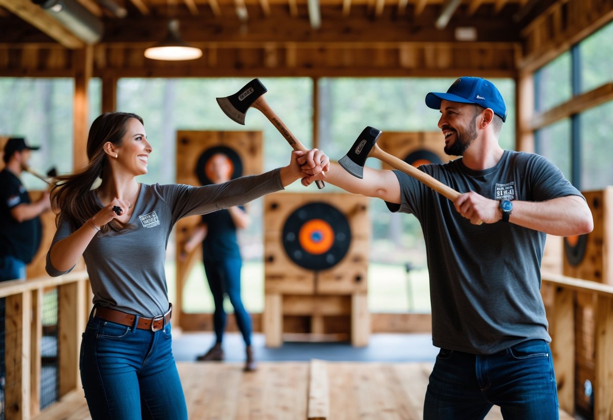 A couple enjoying axe throwing together at an indoor venue with wooden targets and other people in the background.