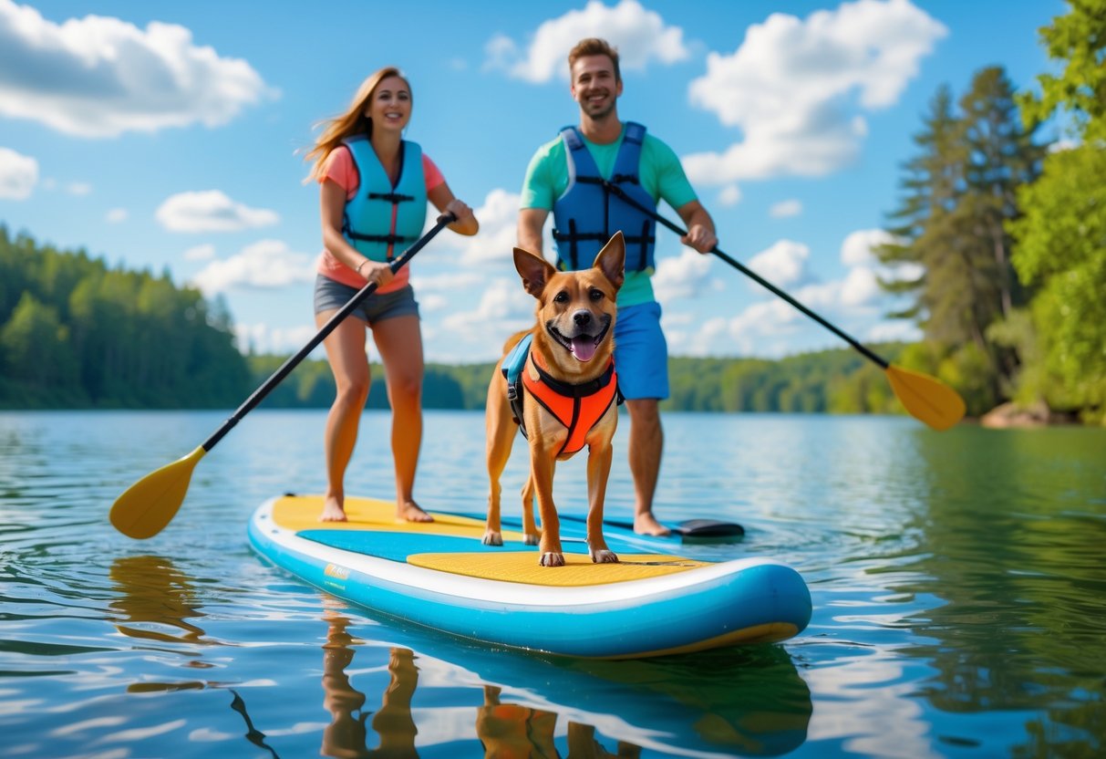 A couple paddleboarding on a lake with their dog standing on the board, surrounded by trees and blue sky.