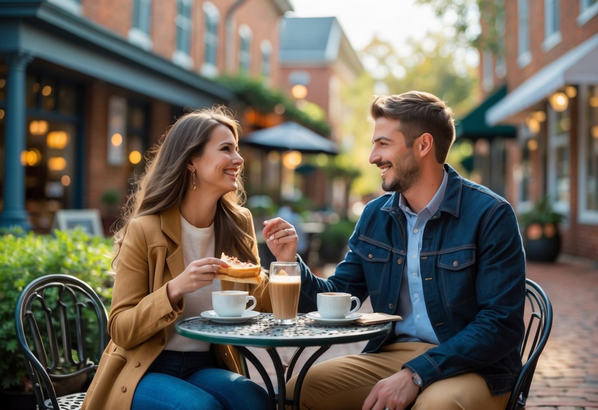 A young couple sitting at a small outdoor cafe table in a charming downtown area, smiling and enjoying each other's company.