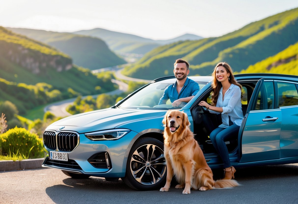 A couple with their dog stopped by a car at a scenic overlook with green hills and winding roads in the background.