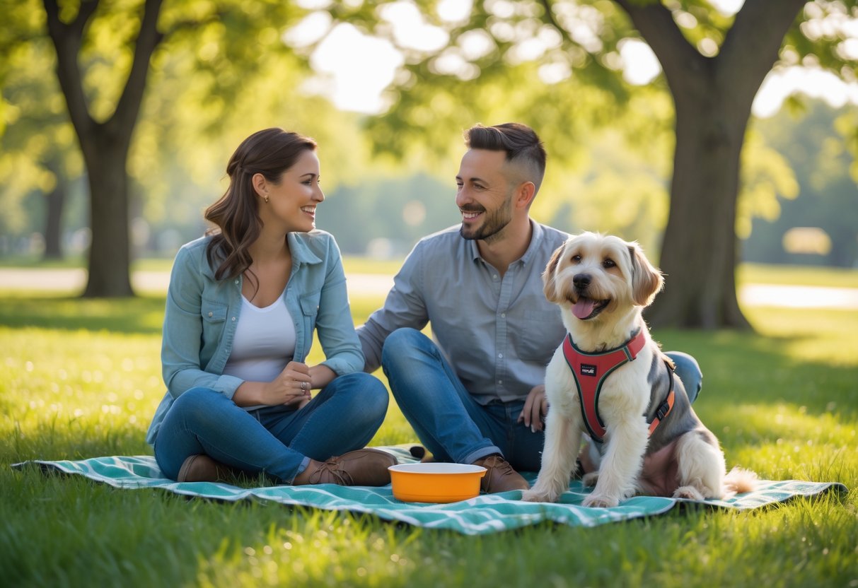 A couple enjoying a picnic in a park with their dog playing nearby on a sunny day.