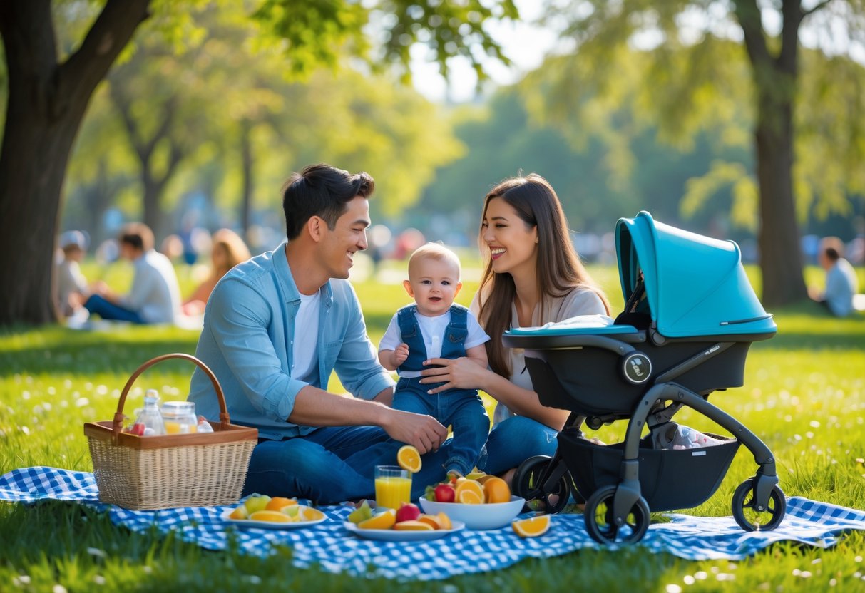 A couple having a picnic in a park with their baby in a stroller nearby.