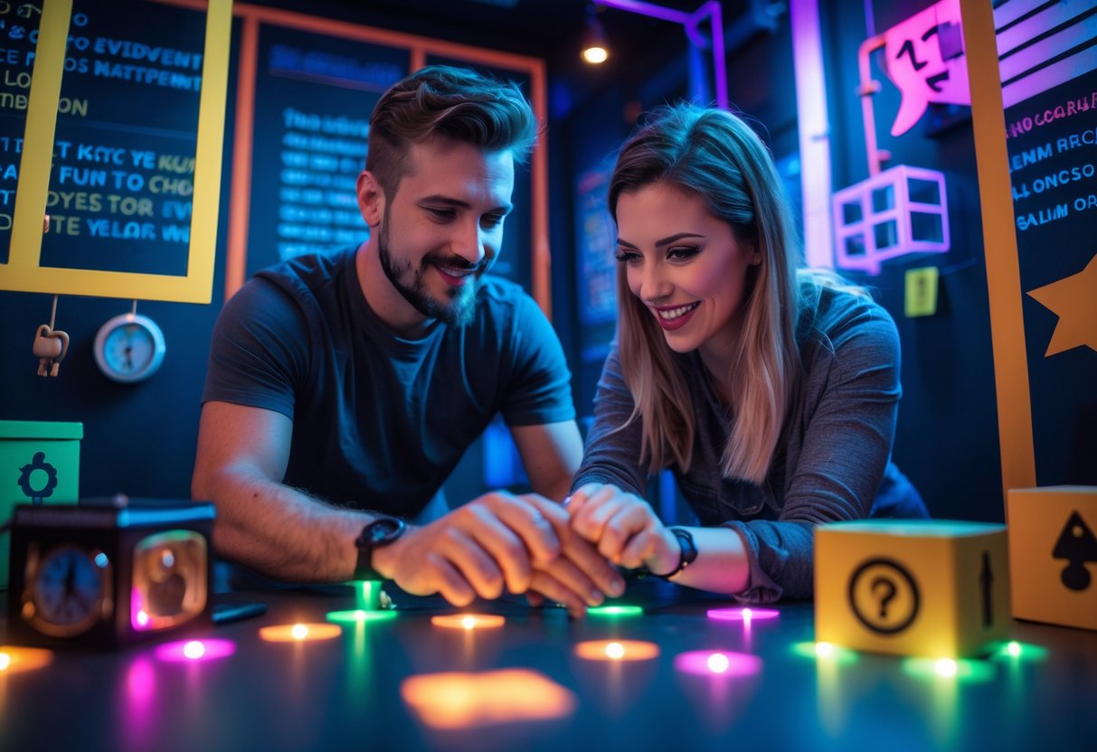 A couple working together to solve puzzles in an escape room filled with locks and clues.