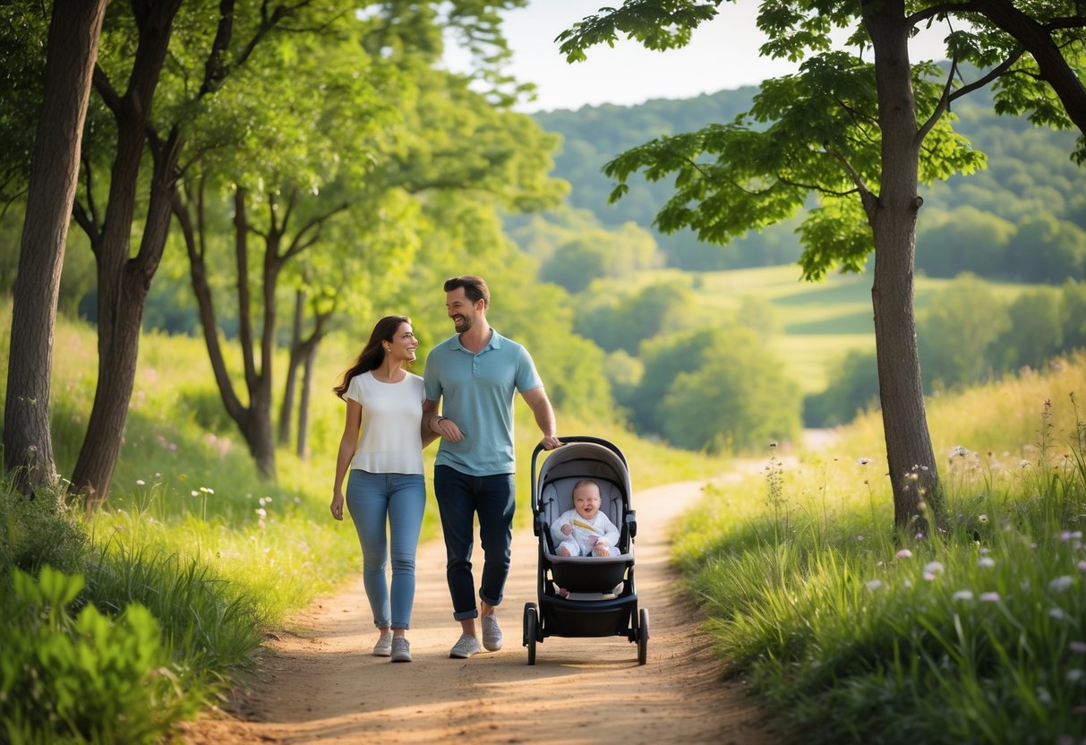 A young couple walking with a baby stroller along a tree-lined nature trail.