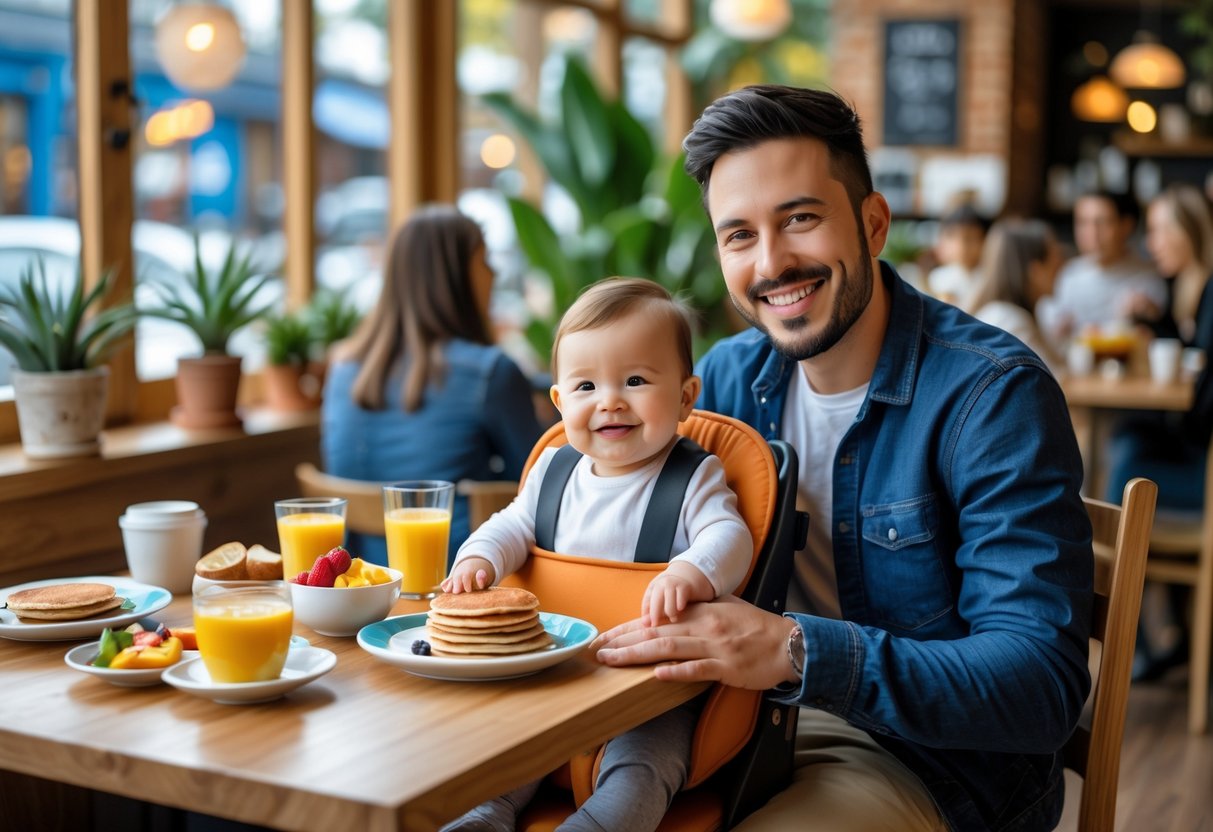 A young couple having brunch with their baby in a bright café, with the baby sitting in a high chair and food on the table.